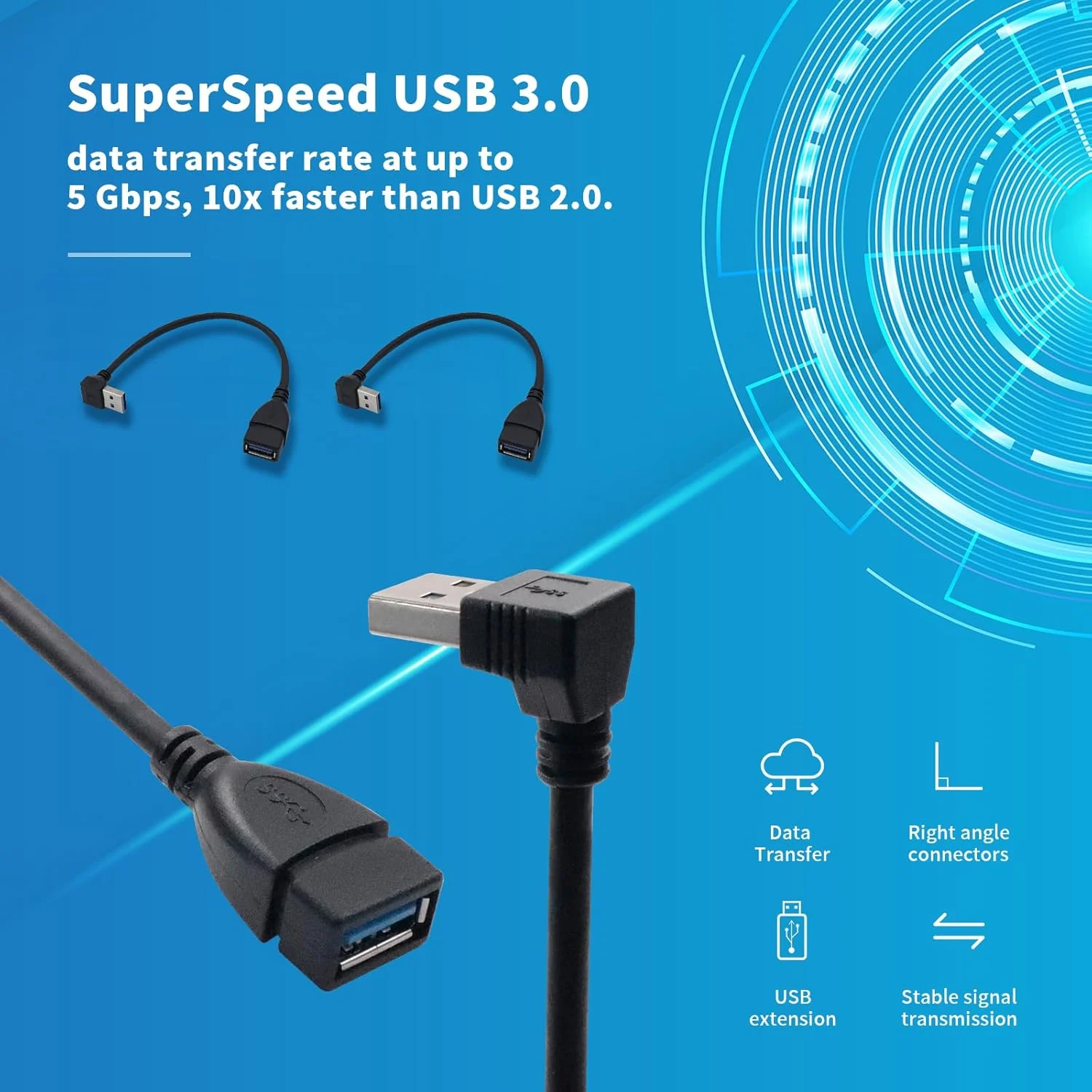 90° Right Angle USB 3.0 Extension Cable Adapter, High Speed Data Sync Fast Charging L Shape Cord for PC Laptop Phone Tablet