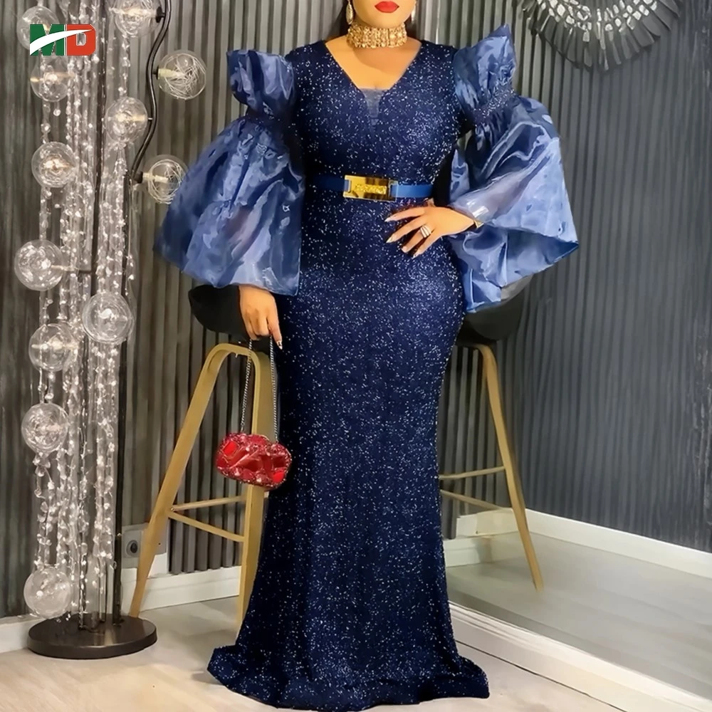 

MD Африканские платья для женщин Плюс Размер Блестки Макси Платье V-образным вырезом Платье большого размера с рукавами-колокольчиками Вечеринка Свадьба Bubu Африка Одежда