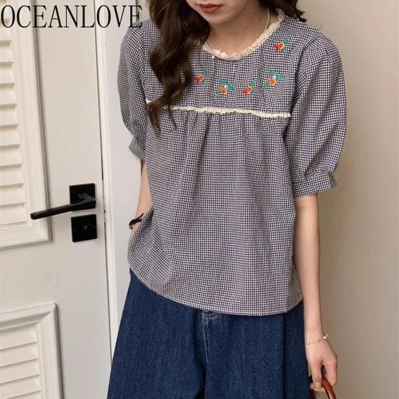 

OCEANLOVE Embroidered Fruits Blouses Sweet Plaid Puff Sleeve Spring Summer Blusas Mujer Korean Fashion Retro Women Shirts
