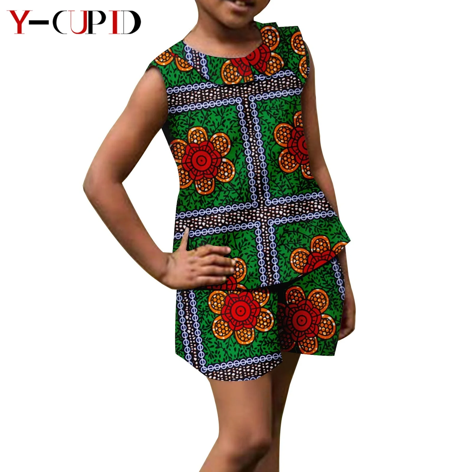 

African Clothes for Kid Dashiki Girl Summer Print Peter Pan Collar Top and Short Pant Sets Bazin Children Cotton Outfits Y234016
