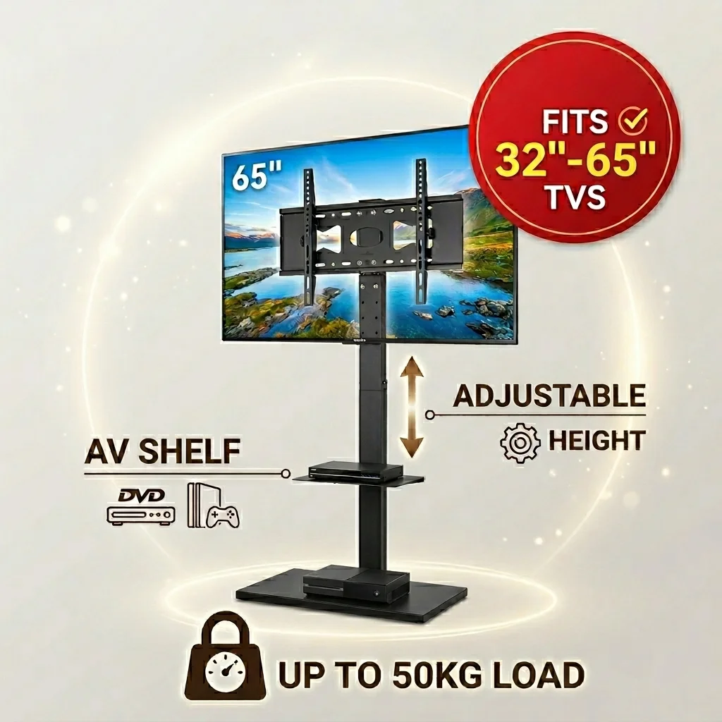 Support de télévision au sol réglable en hauteur, pivotant avec étagère pour téléviseurs à écran plat LCD LED de 32 à 65 pouces