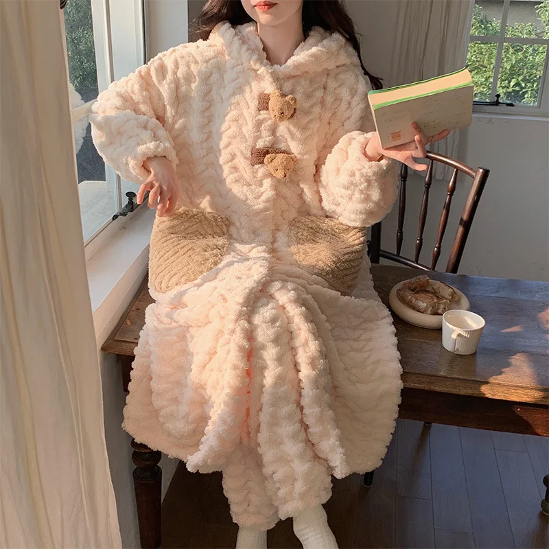Women's Long Pajamas Fleece Lined Coral Velvet Warm Home Clothes Set Autumn Winter New Style Plush Robe Comfortable Sleepwear