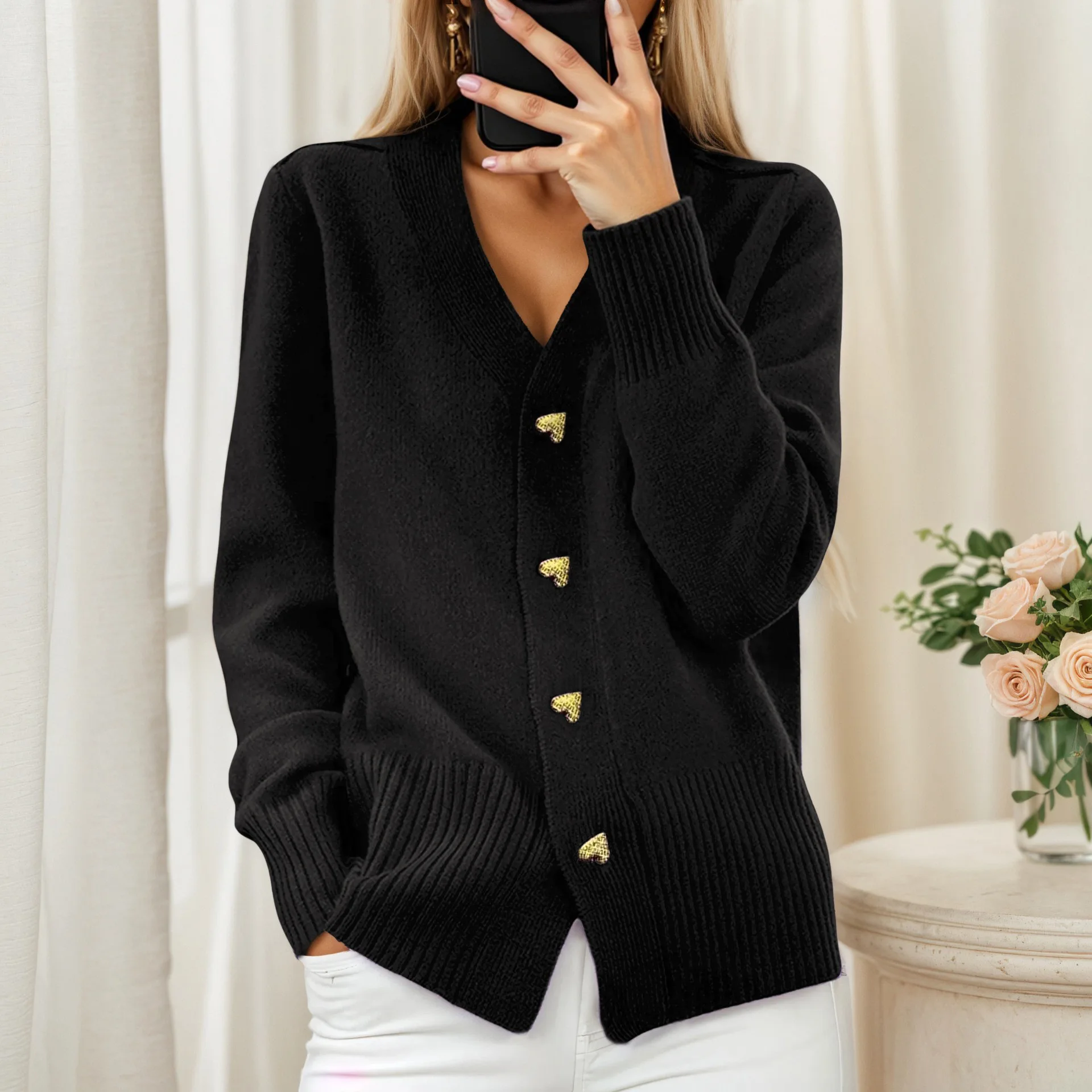 New Loose Women's Sweater Autumn Winter Casual Daily Commuter Style Cardigan Knitted Long-sleeved Single-breasted V-neck Coat 2