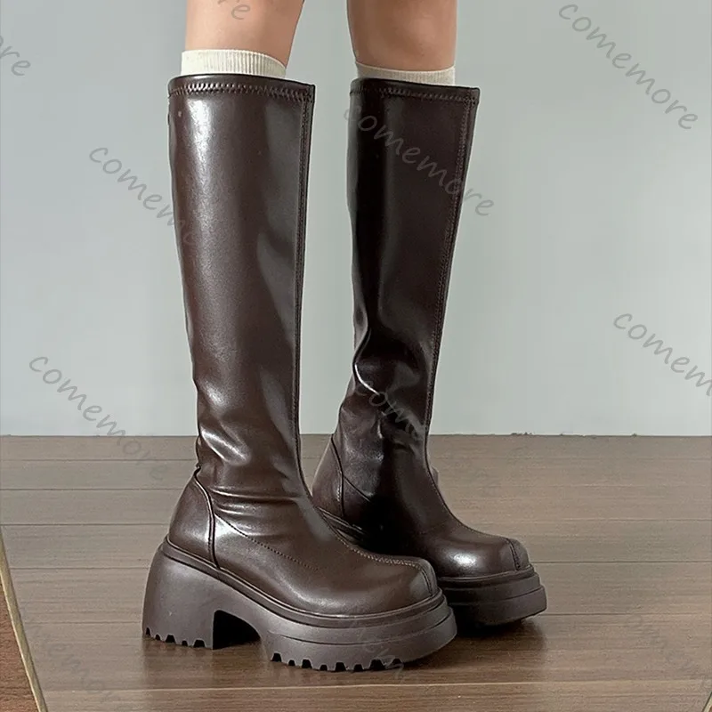 Comemore الأسود الرجعية صندل بكعب مكتنز منصة حذاء برقبة للركبة المرأة الجديدة الخريف الشتاء الجلود عالية الكعب سستة طويلة فارس بوتاس #5