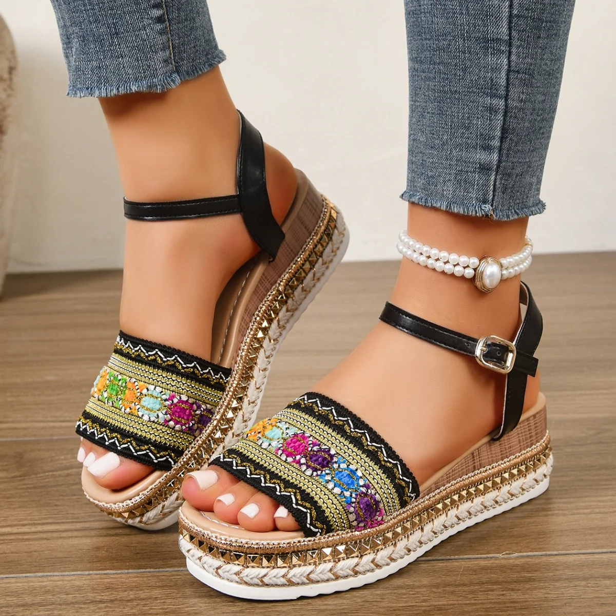 Women Ethnic Embroidered Floral Wedge Ankle Buckle Sandals Summer Thick Bottom Platform Dress Shoes Woman Plus Size 35-41 Shoes view 4