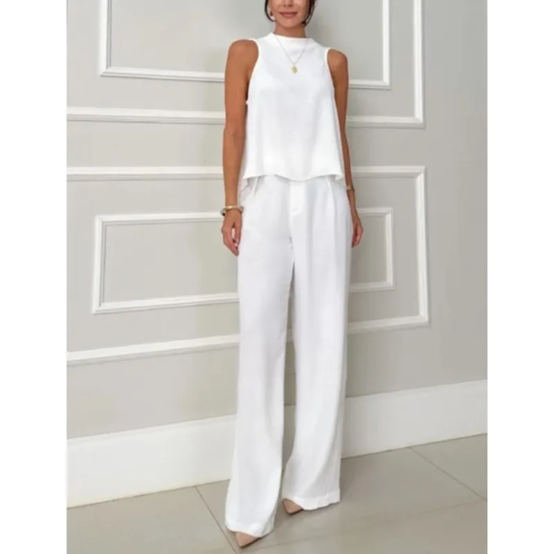 Conjuntos informales de 2 piezas para mujer, camisetas holgadas sin mangas a la moda, Tops y chándales de pierna ancha, conjuntos de pantalones nuevos para mujer 2025