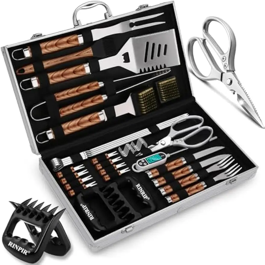 

35-Piece Premium BBQ Tool Set for Men, Stainless Steel Grill Accessories with Scissors and Meat Claws in Brown Case