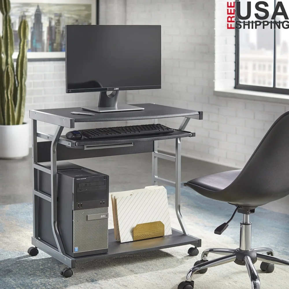 

Space-Saving Rolling Computer Desk with Slide-Out Keyboard Tray Lower Shelf CPU Easy Mobility Dorm Apartment