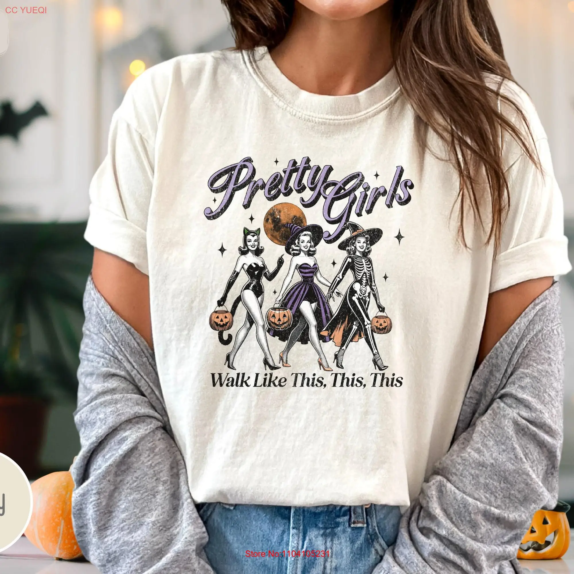 Halloween Comfort Colors T Shirt Pretty Girls Walk Like This Fall Clothing Party Retro Autumn long or short sleeves