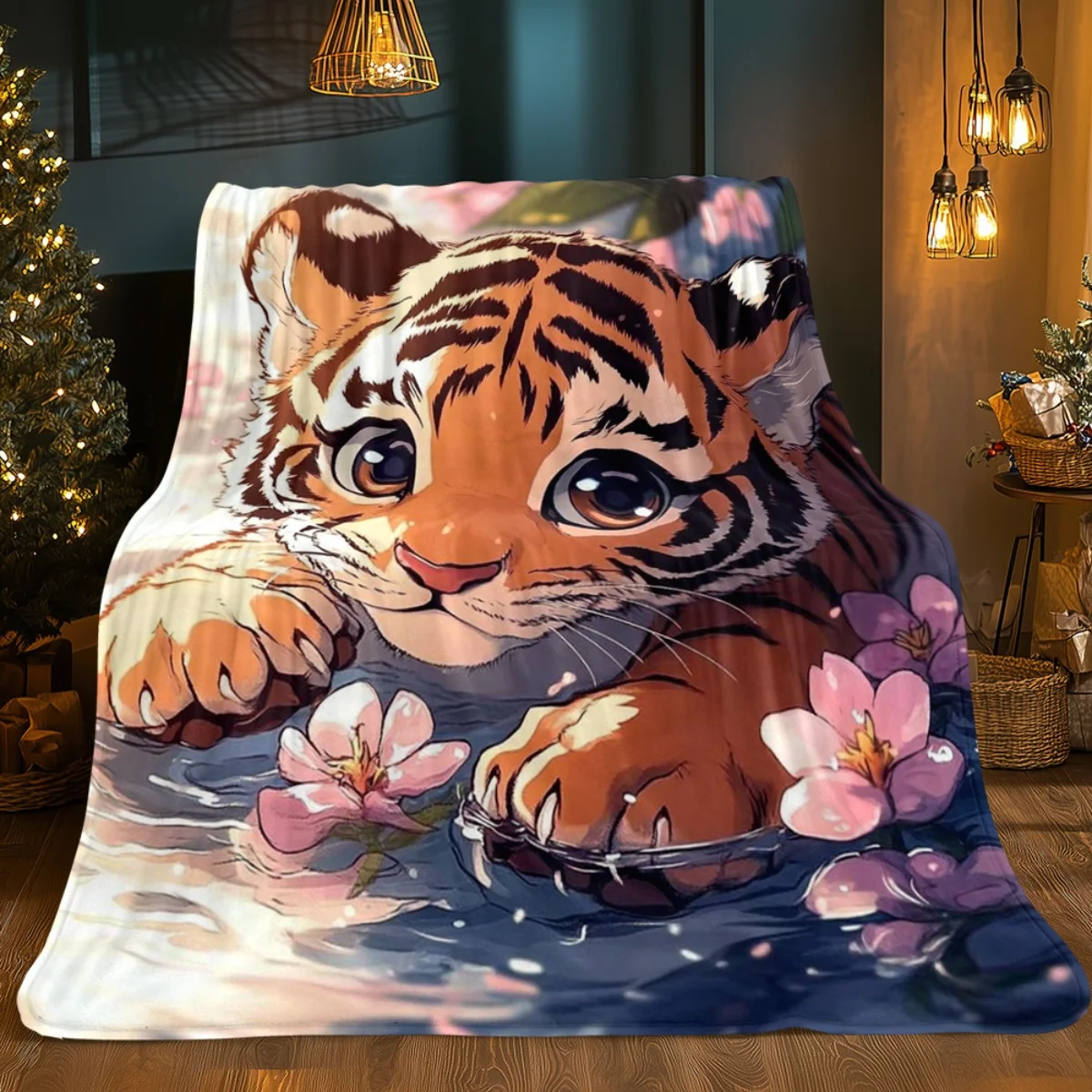 بطانية فانيلا بتصميم نمر مخطط باللونين البرتقالي والأسود - دافئة وناعمة، مناسبة للأرائك والأسرة وغرف المعيشة والمكاتب والسفر، #3