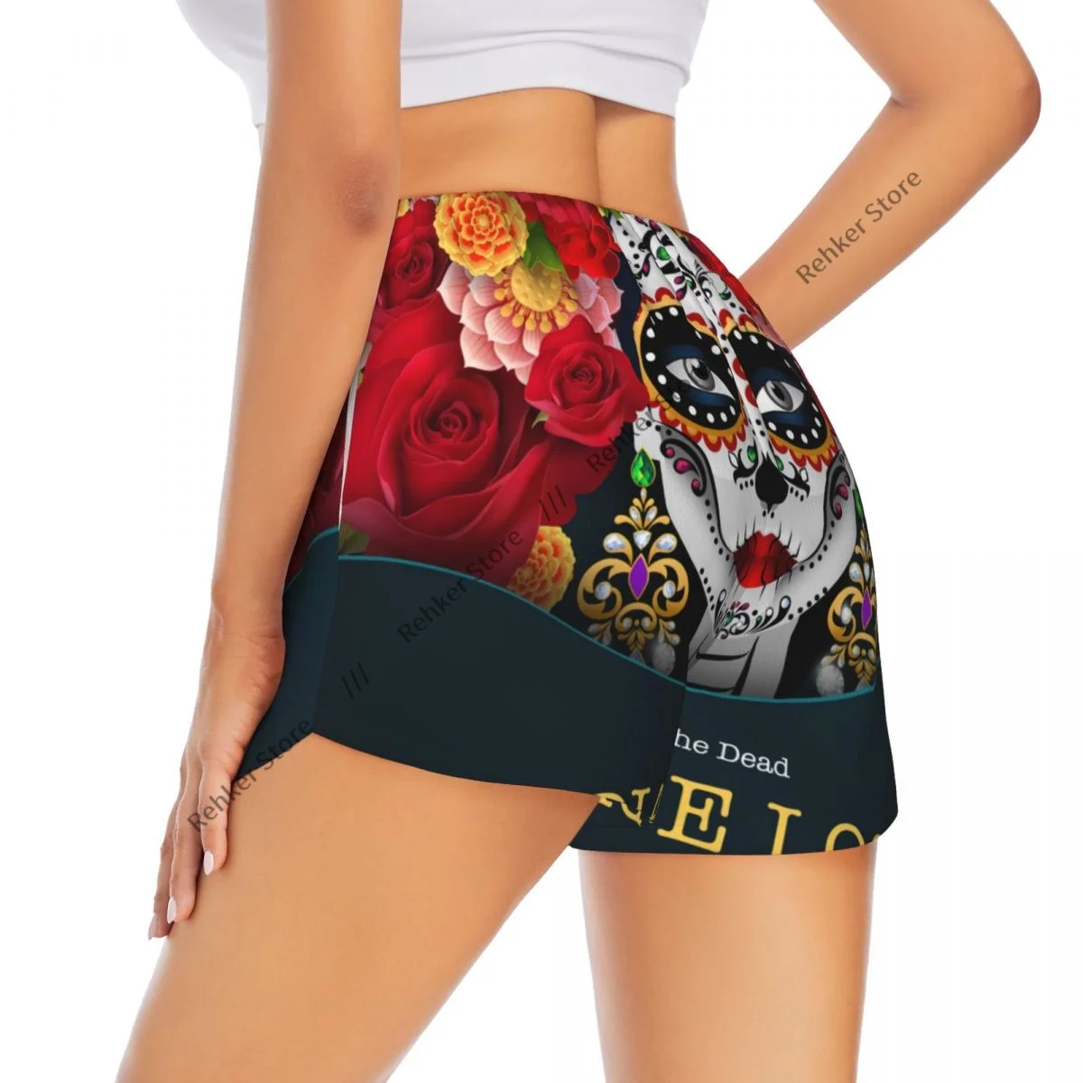 

Dia De Los Muertos Sugar Skull женские двухслойные быстросохнущие спортивные шорты для отдыха на открытом воздухе, бега, тренировок, спорта
