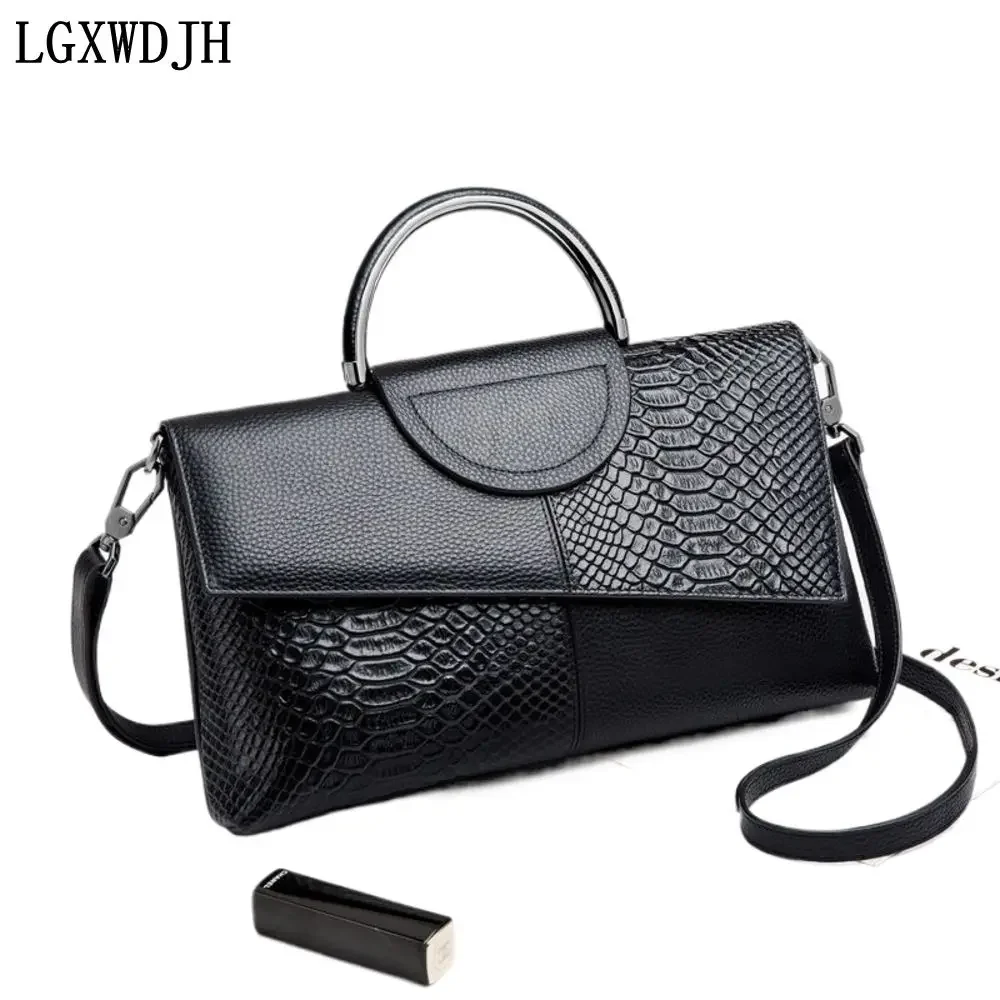 Pochette en cuir de vache à boucle magnétique imprimée crocodile pour dames, sac à bandoulière multifonctionnel, haute capacité, mode initiée, marque