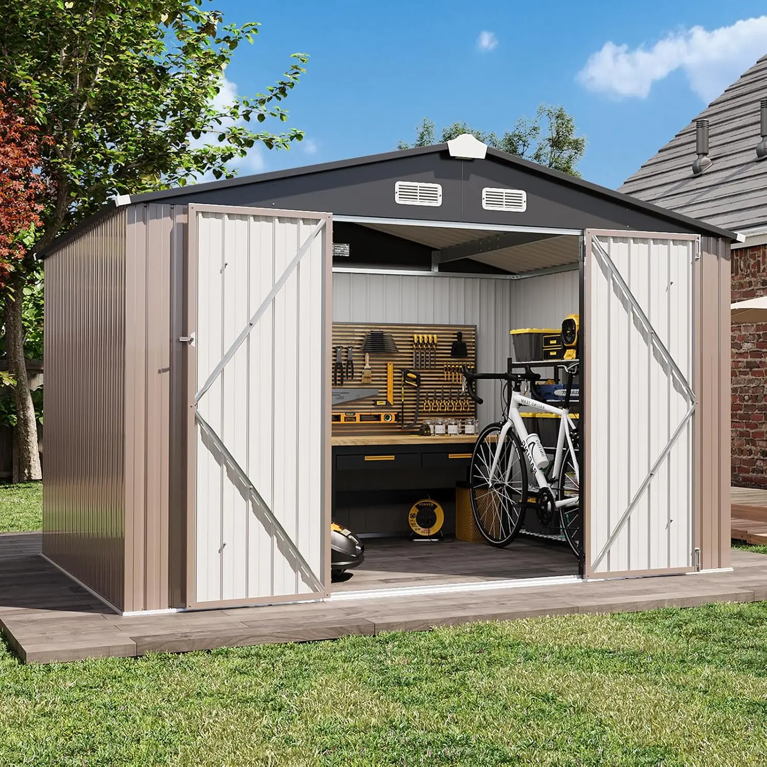 8x6 FT Metal Outdoor Storage Shed Lockable Door & Air Vent Waterproof Tool Bike Mower Backyard Garden Patio, Customized