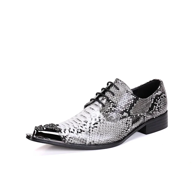 Classic Grey Snake Pattern Lace Up Man Oxfords Shoes Business Big Size Metal Pointed Toe Casual Shoes Banquet Prom Evening Shoes
