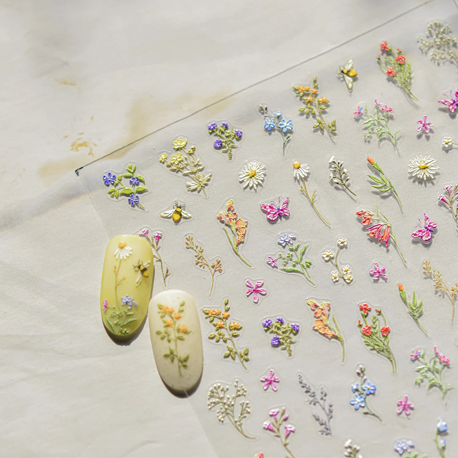Relief 5D Spring Wildflower Nail Sticker Daisy Butterfly Flower Self-adhesive Nail Stickers DIY 3D Nail Art Decorations Decals