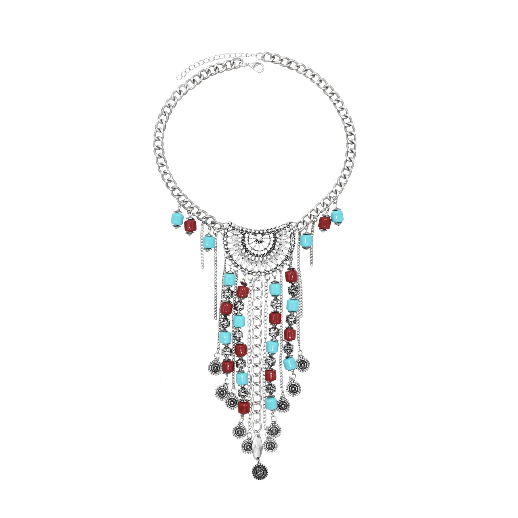 Vintage Golden Silvery Long Chains Artificial Gemstone Bead Coin Necklace for Women Gypsy Ethnic Clothing Sweater Neck Jewelry
