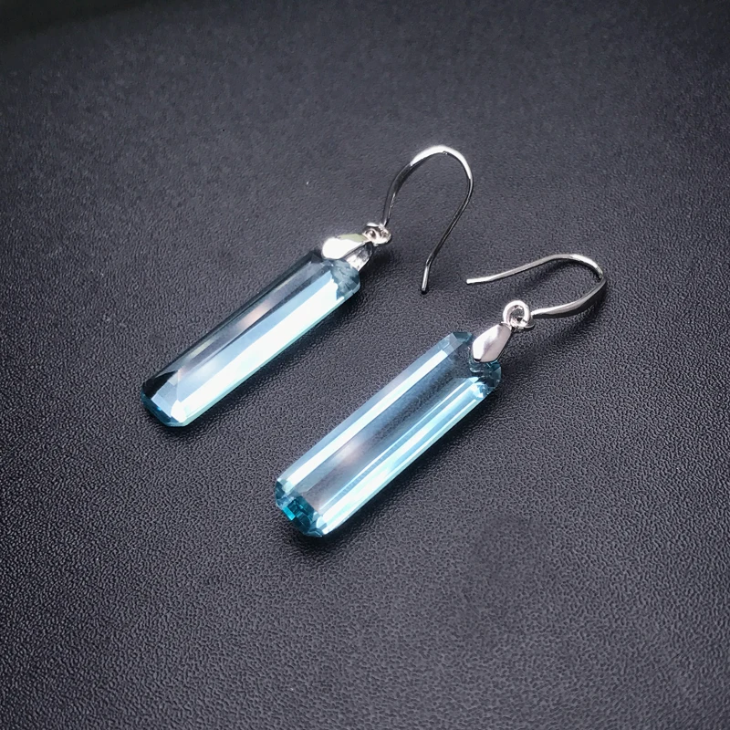 CSJ Elegant Aquamarine Dangle Earring Sterling 925 Silver Topaz Quartz Gemstone 9*23mm for Women Birthday Party Jewelry Gift