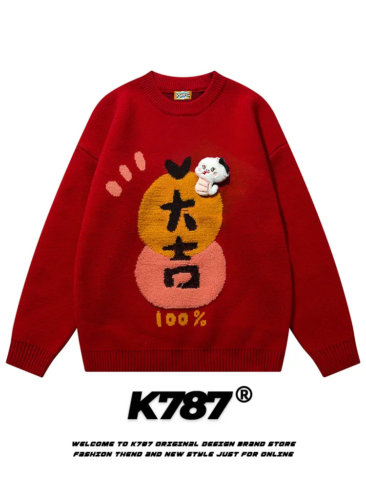 

Новинка 2025: Вязаный свитер Kkyesiou с новогодним мультяшным декором для пар, красный, свободный крой, круглый вырез, длинный рукав