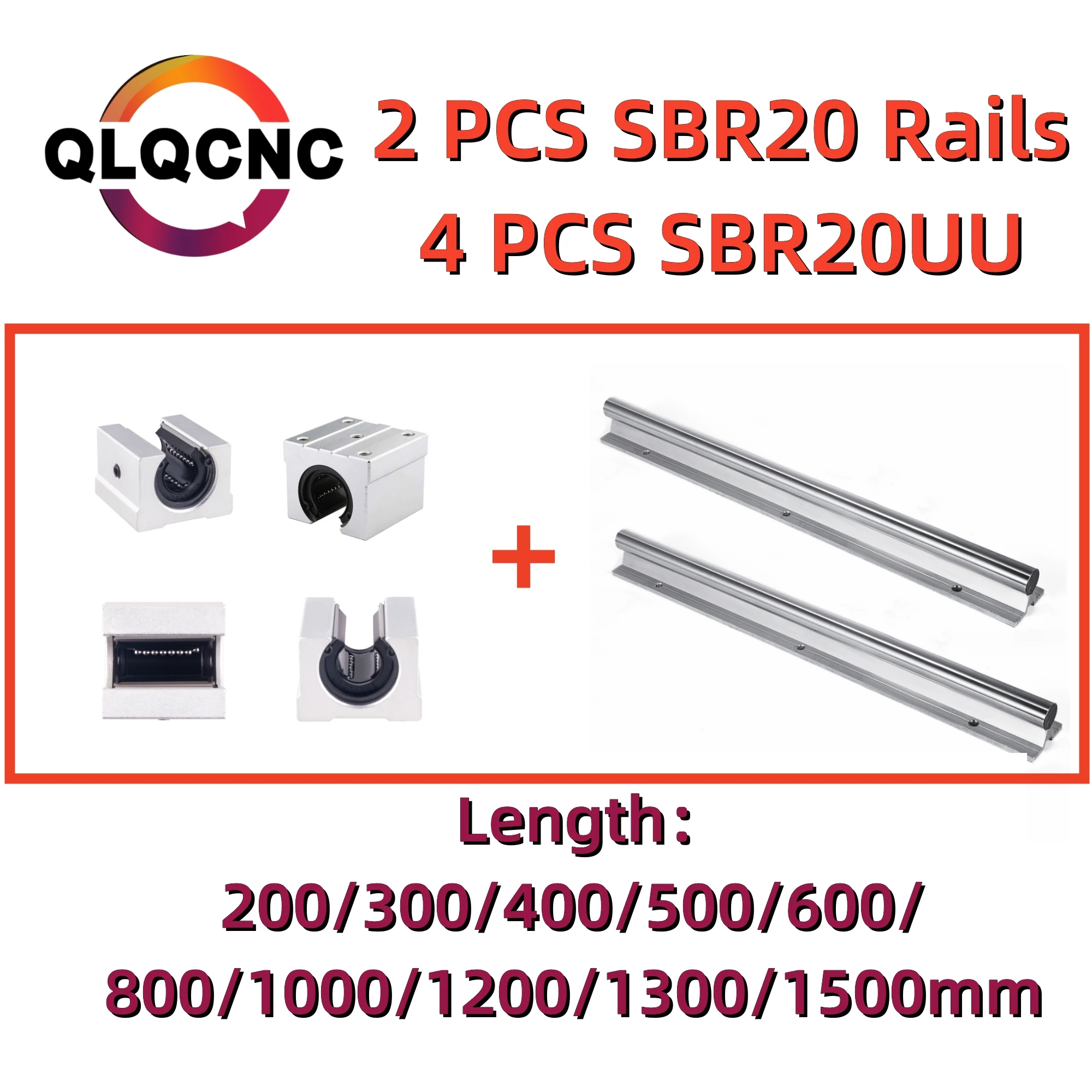 2 набор SBR: линейные направляющие SBR20, длина 200/300/400/500/600/800/1000/1200/1300 мм + 4 блока подшипников SBR20UU для детали ЧПУ