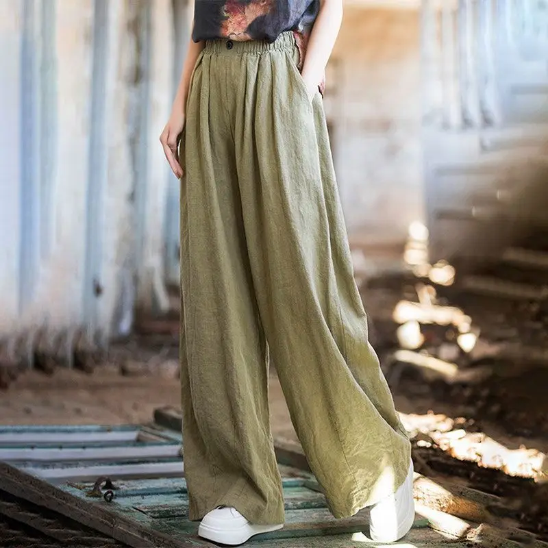 Oversize Women Pants Casual White High Elastic Drawstring Pants Streetwear Solid Color Cotton and Linen Wide Leg Trousers A351