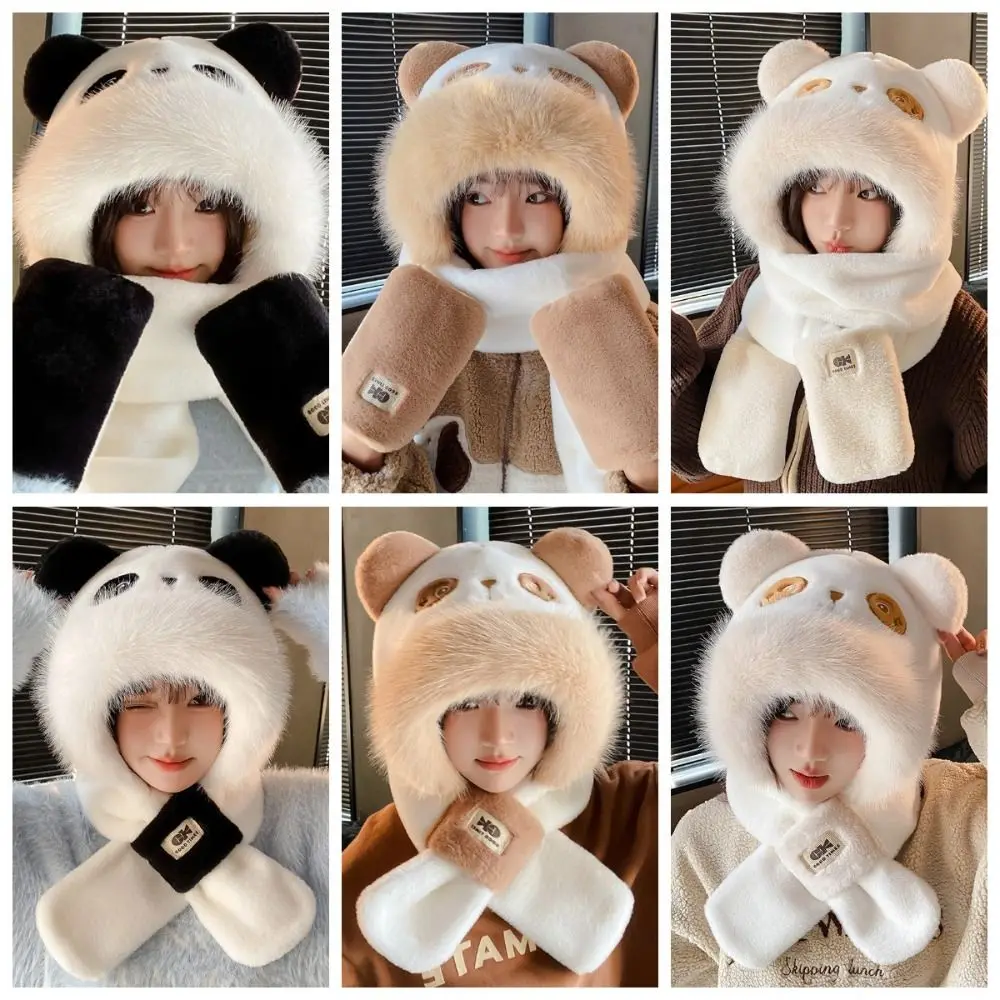 

Earmuff 3 in 1 Capybara Hat Scarf Set Cartoon Warm Furry Scarf Cap Set Panda Windproof Scarf Hat Glove for Women Outdoor