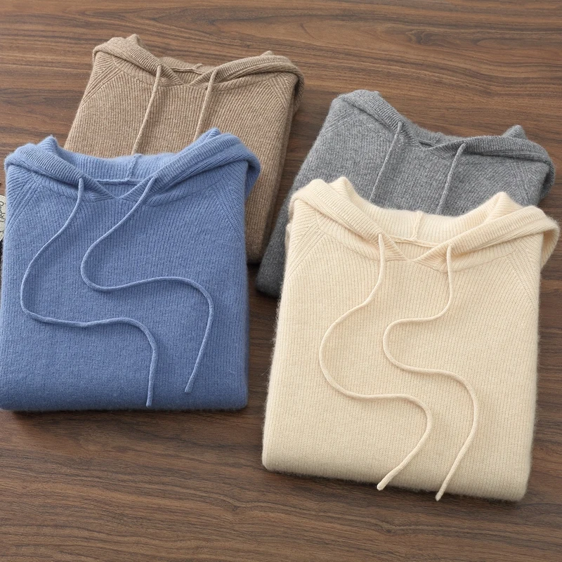 

100% Cashmere Autumn Winter Men's Hooded Round-Neck Sweater Korean Stylish Casual Trendy Youthful Sports Pullover Knitwear Top