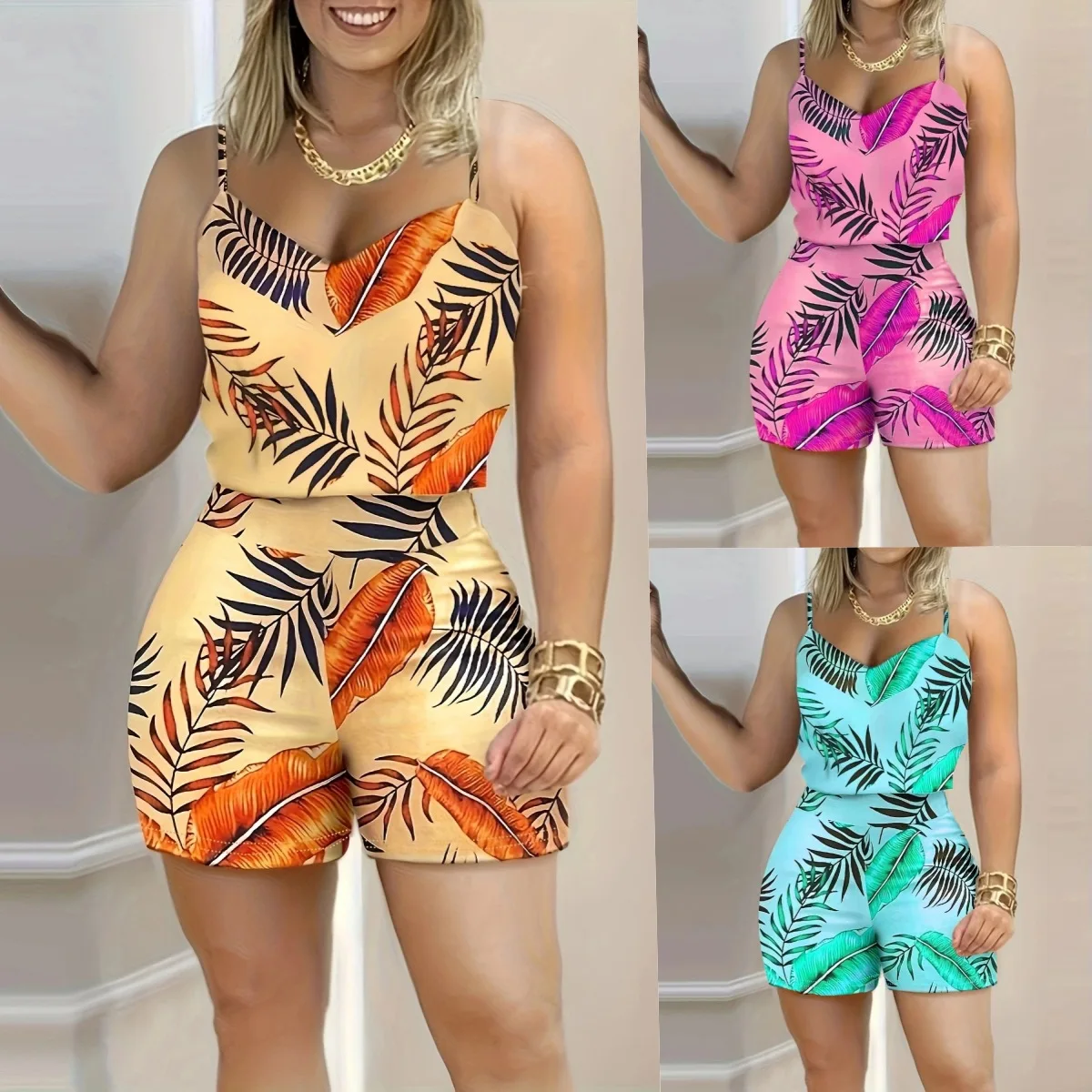 

Mandylandy Summer Short Sets Summer Camis Tops 2 Piece Sets Outfits Women's Printed Suspender Set Shorts Camis Shorts