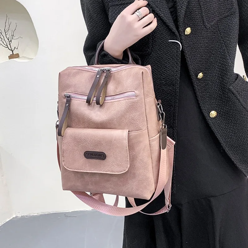 Ladies\' Single Shoulder Bag PU Soft Leather Texture New Large Capacity Simple Travel Fashion Commuter Backpack Handbag