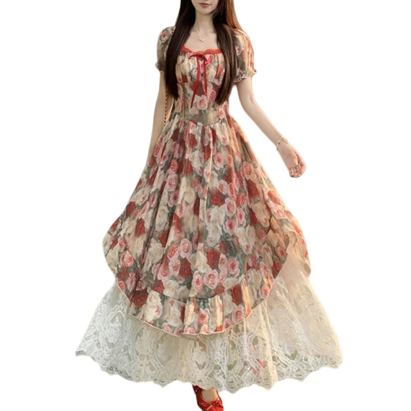 Retro ภาพวาดสีน้ํามันสไตล์ไม่สม่ําเสมอ Red Rose พิมพ์ลูกไม้ Patchwork ชุดผู้หญิงฤดูร้อนสแควร์คอ Lace-up ดอกไม้ Fairy กระโปรง