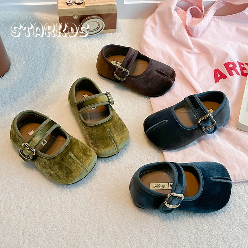 Brand Design Tabi Toe Velvet Mary Jane Shoes Kid Girls Vintage Peacock‑blue Velour Ballet Flats Baby Child Retro Flat Dress Shoe