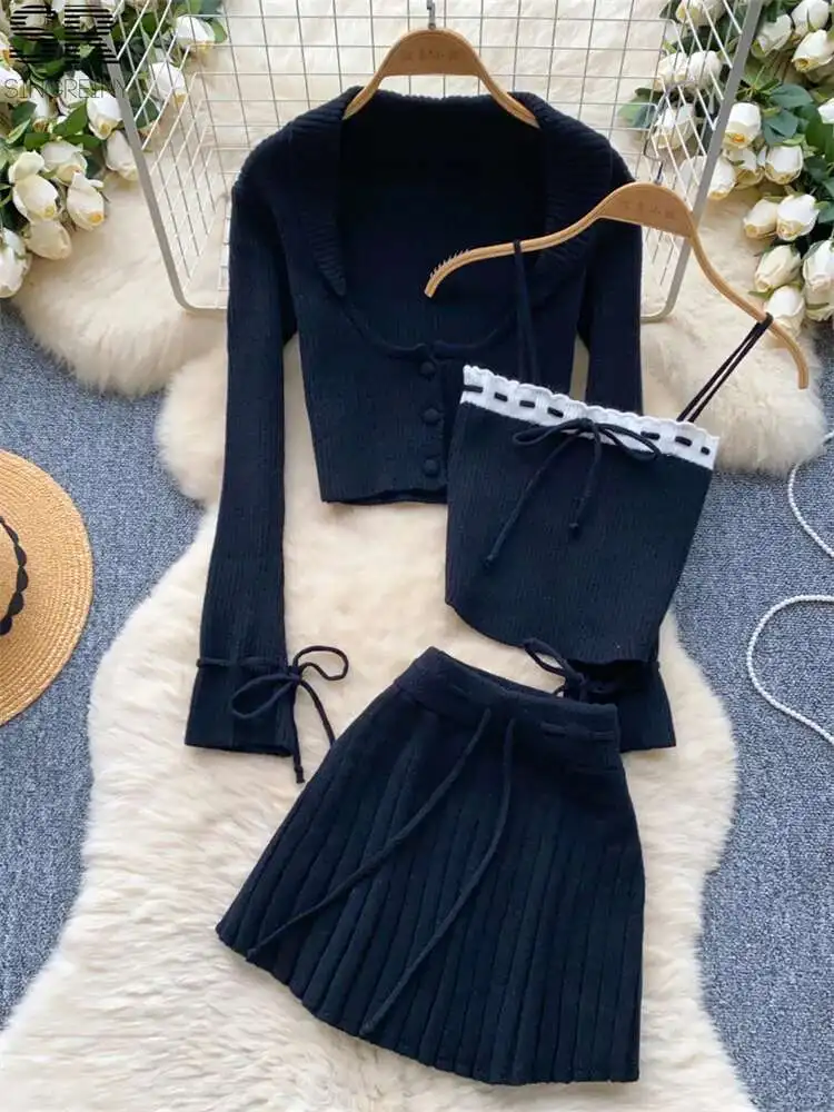 BabYoung Solid Knitting 3Pcs Suits Women Strappy Slim Camis+Button Cardigan+Pleated Drawstring Skirt Fashion Temperament Sets