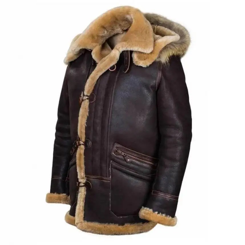

Retro Hooded Winter Leather Male Integrated Men With Button Closure Pockets Warm Wool Fur Jacket Coat