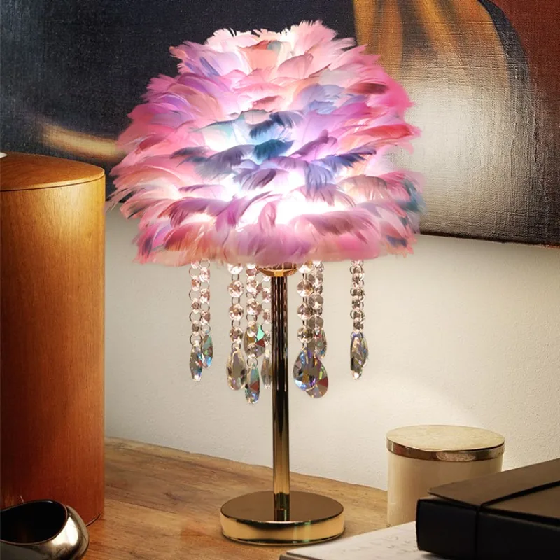 New Trend Luxury Pink Crystal Nodic Goose Feather Night Desk Light Dining Bedroom 3W Led Table Lamp