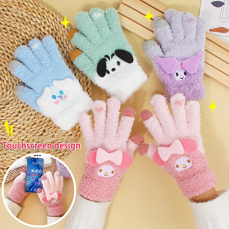 Cute Sanrio Kuromi Melody Gloves Plush Coral Winter Warm Gloves Pochacco Cute Gloves Student Cycling Five-finger Gloves