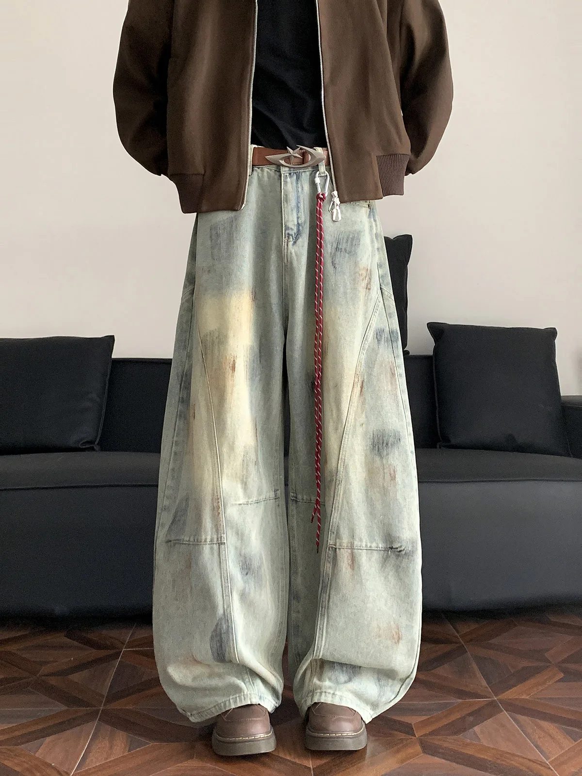 American Apocalyptic Style Dirtied Bent Knife Deconstructed Jeans Men's High Street Washed Wide Leg Teen Straight Scythe Pants