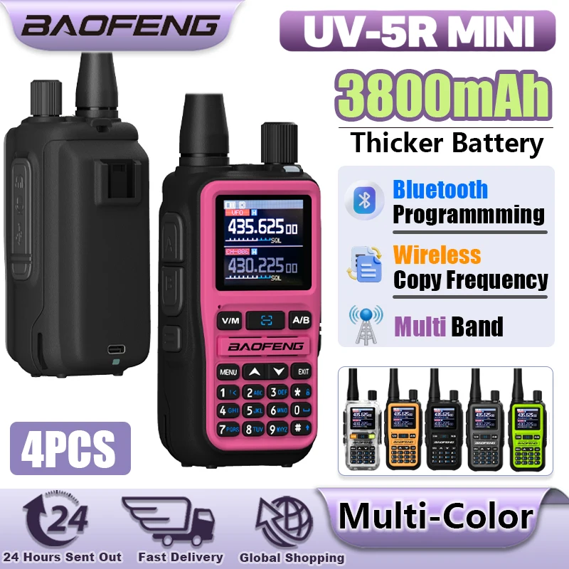 4PCS 3800mAh UV-5R Mini Baofeng Walkie Talkie Thicker Battery Bluetooth Programmming Wireless Copy Frequency AM FM Type-C 999CH