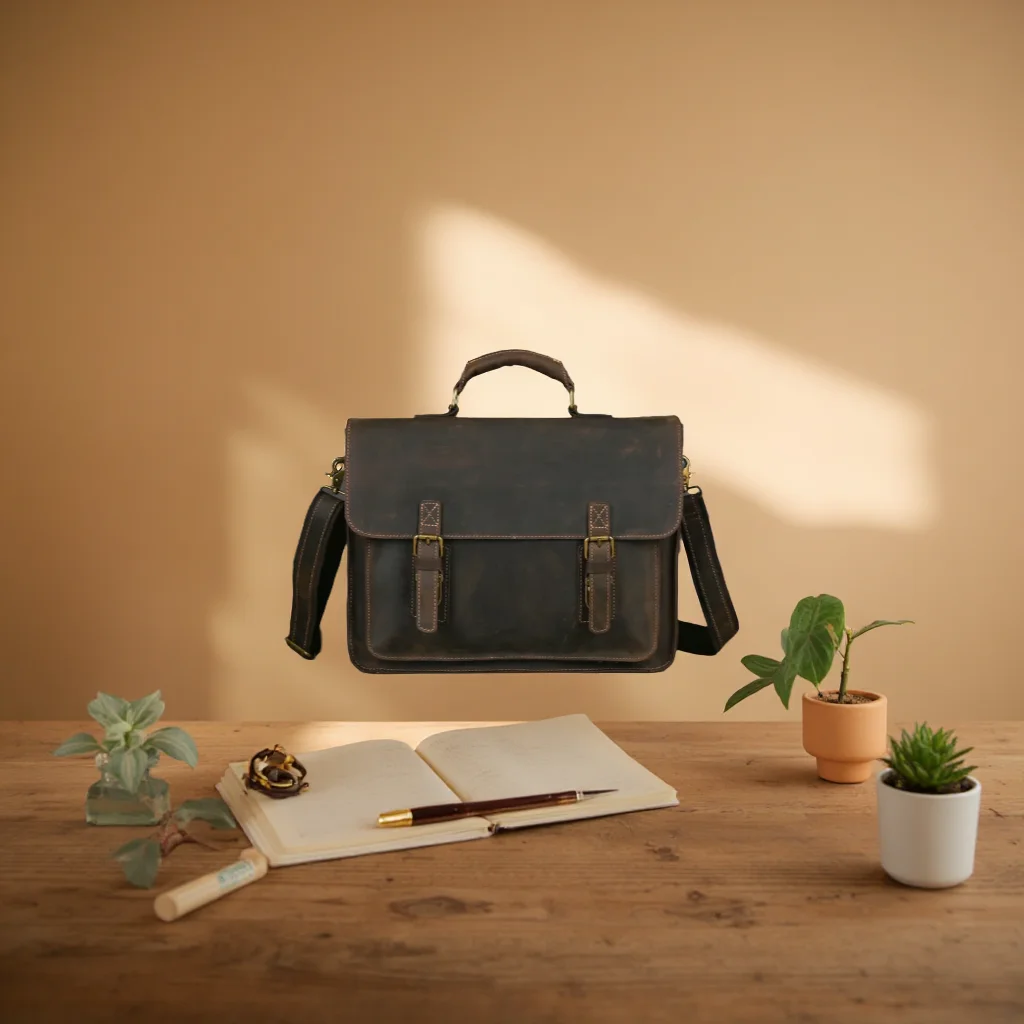 Men Genuine Leather Briefcase 15 Inch Laptop Bag Vintage Crazy Horse Leather Business Shoulder Messenger Bag for Work Office