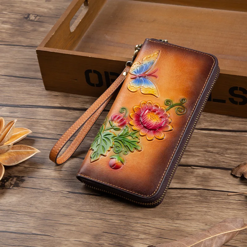 Vintage Chinese style leather purse ladies long large capacity mobile phone storage leather handhold women's money clip