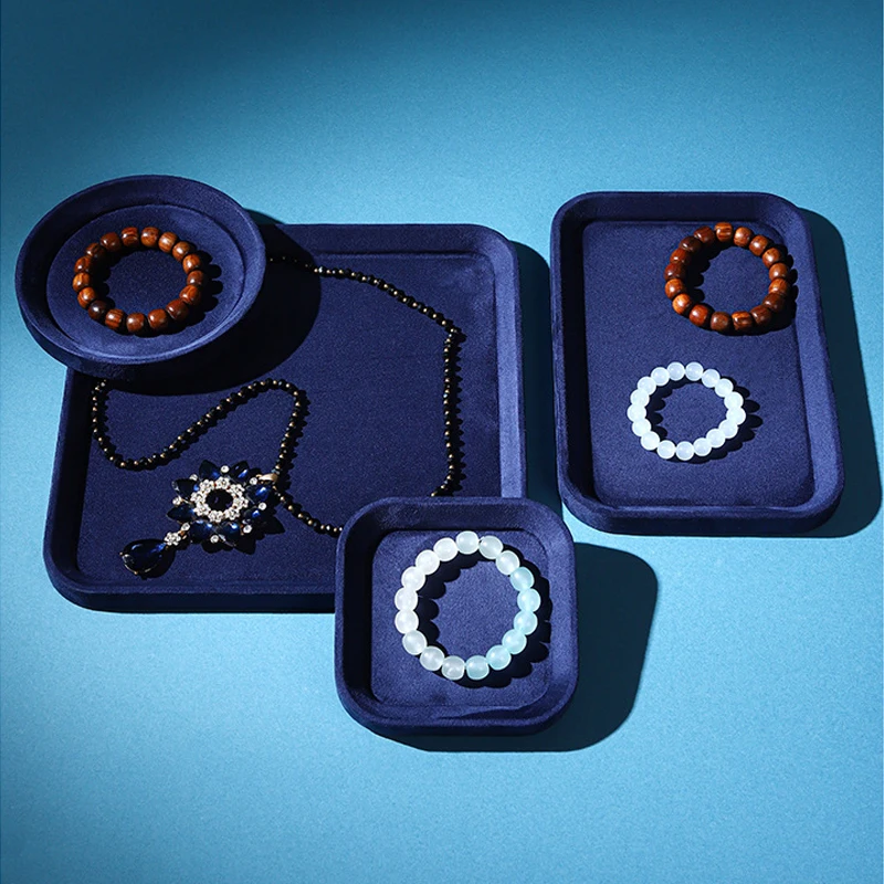 1pc Elegant Blue Series Velvet Jewelry Display Tray Multifunction Necklace Bracelet Earrings Storage Plate Counter Showcase Prop