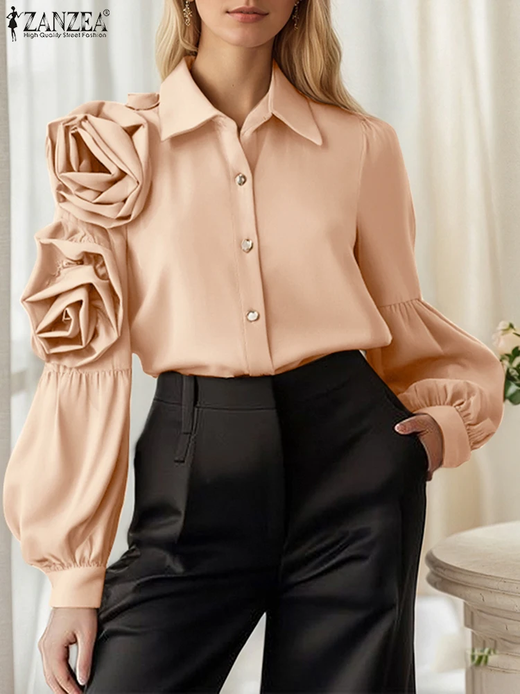 ZANZEA-camisas elegantes para mujer, blusa larga transparente, Tops de flores con decoración de verano 2021, Túnica de trabajo OL a la moda, Blusas holgadas informales sólidas