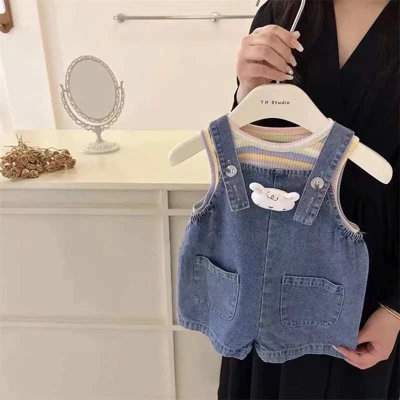 

Children's Summer Set Girl Stripe Knitted Tank Top+Cute Rabbit Cowboy Strap Shorts Two Piece Set for Children's Wear Thin Style