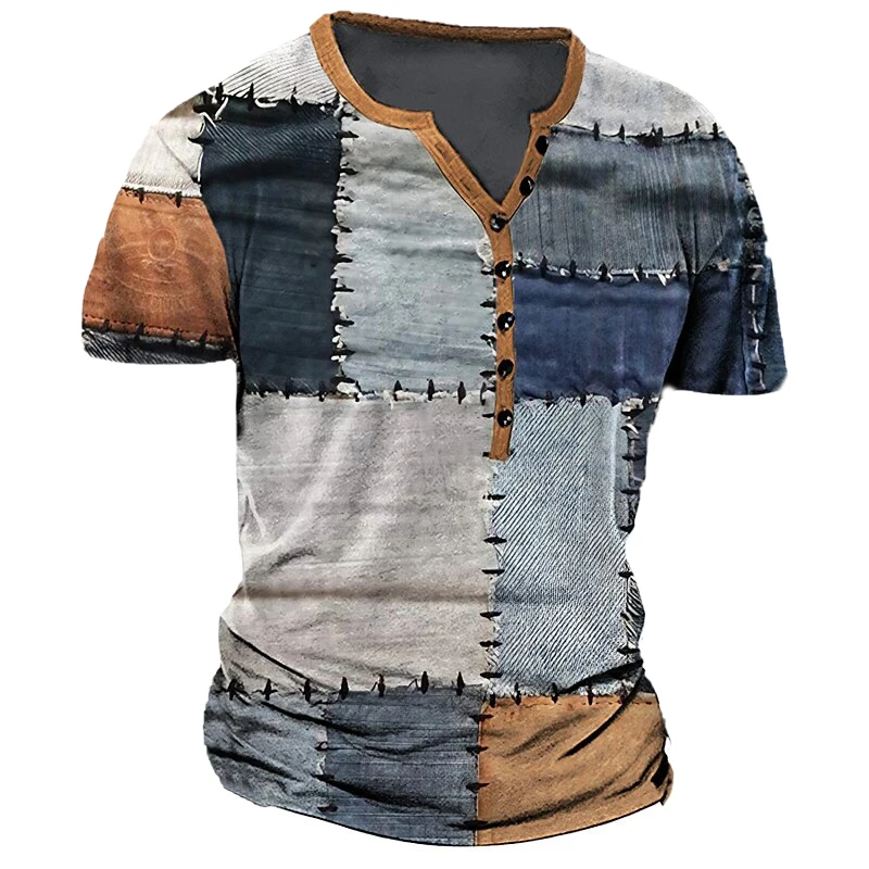 

Vintage T-Shirt For Men Henley Shirts Patchwork Grid Graphic T Shirts 3D Printing Short Sleeve Tee Oversized Men’s Clothing Tops