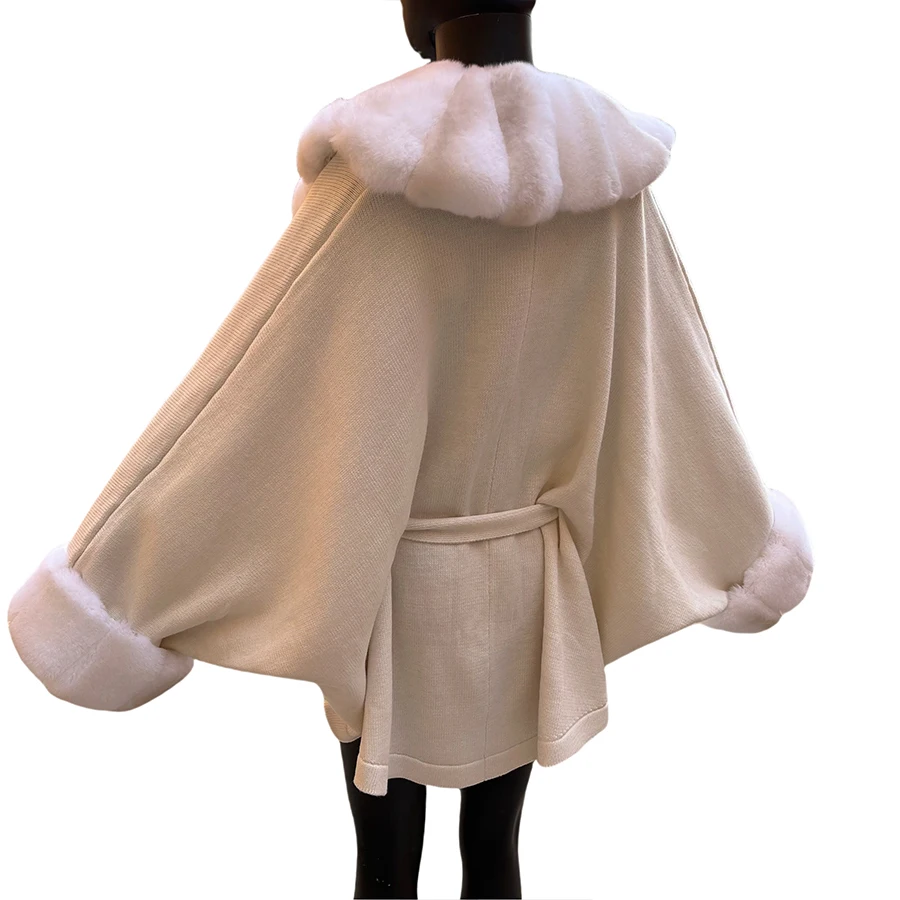 Women Fur Sweater With Rex Rabbit Fur Trim Mid-Length Cardigan Poncho Autumn Fashion Bat Type Coat