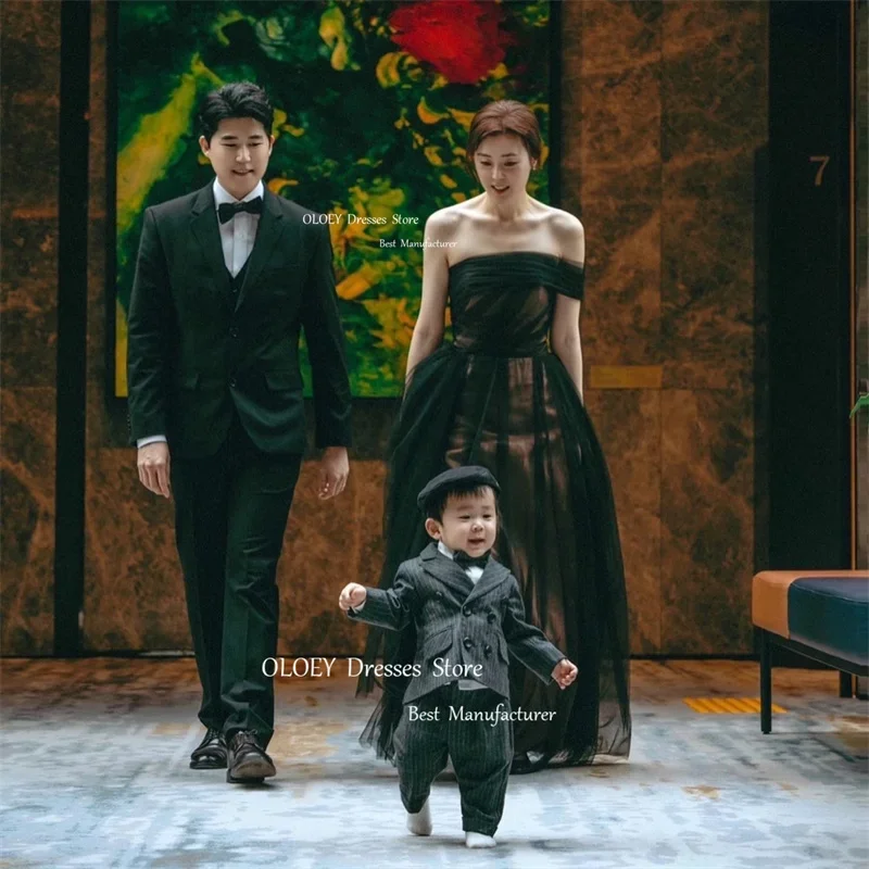 OLOEY-Vestidos de Noche negros de un hombro para boda, fiesta de tul de Corea, vestidos de graduación formales, corsé, longitud hasta el suelo