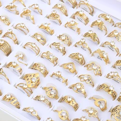 30Pcs/Lot Fashion Stainless Steel Butterfly Heart Hollow Crystal Zircon Rings for Men Women Golden Silvery Jewelry Gift