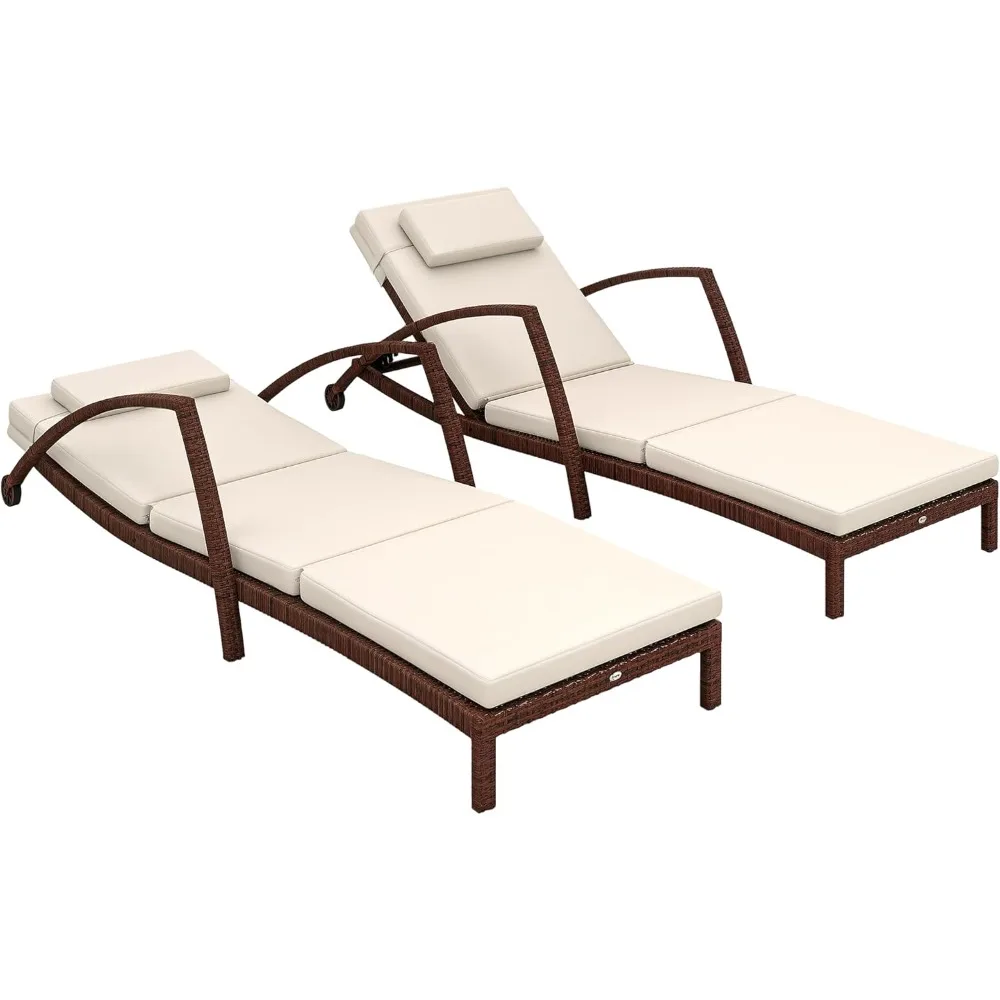 Espreguiçadeira de vime para exterior, conjunto de 2, espreguiçadeiras reclináveis ajustáveis de 5 posições para piscina com rodas, rattan ao ar livre Lou