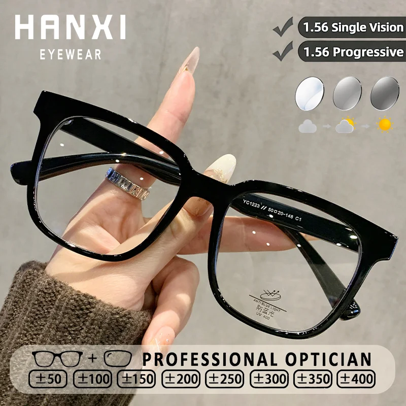 HANXI Large Frame Glasses Women Computer Anti Blue Light Glasses Photochromic Progressive Corrective Reading Prescription Glasse