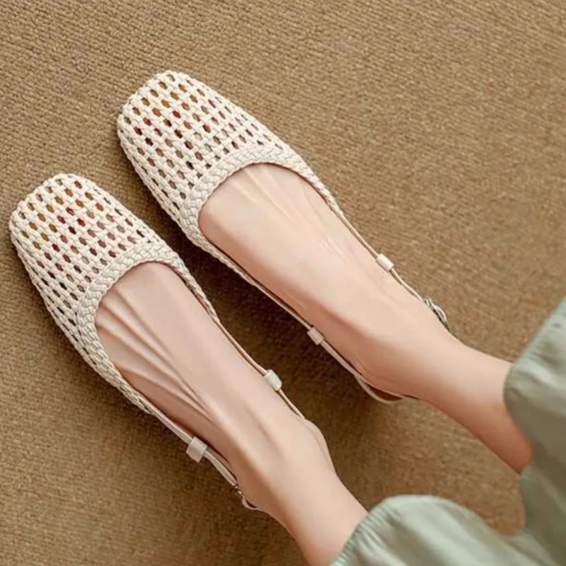 

Fashionable Baotou Sandals 2025 Spring New Square Toe Shallow Mouth Hollow Breathable One-word Buckle Soft Bottom High Heels