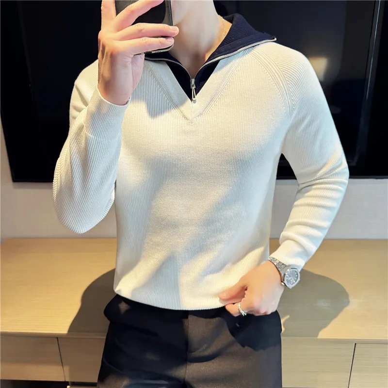 

Fashion Fake-2Pieces Pull Homme Korean Luxury Clothing High Quality Zip-Up Turn Down Collar Sweater Men's Clothing Slim Fit 3XL