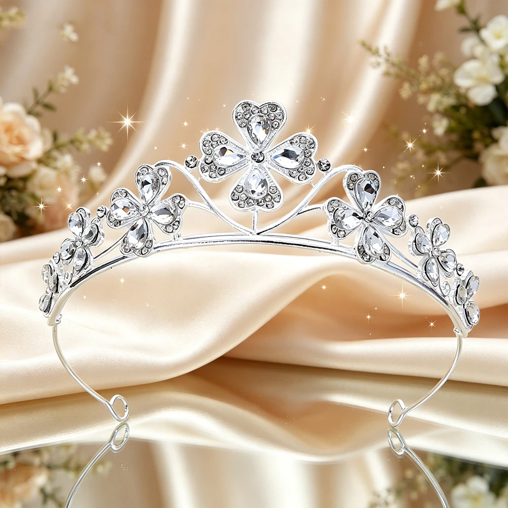 Four Leaf Clover Crystal Bridal Tiara Sparkling Lucky Floral Queen Crown Elegant Vintage Headpiece Wedding Birthday Events view 3